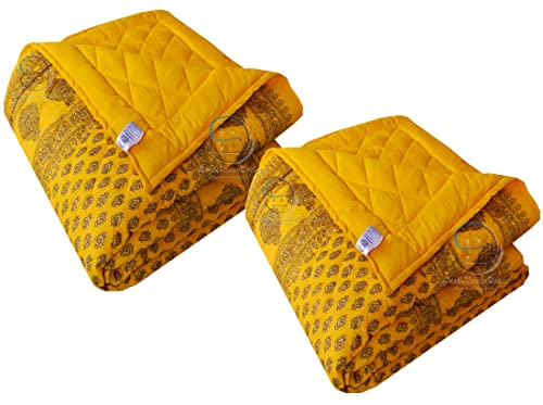 Image of Jaipuri Razai Single Bed Gold Print with Computerized Quilting Use as Soft and Breathable Cotton Comforter Quilt Rajai Blanket Dohar Size 55X85 inch Yellow Pack of 2