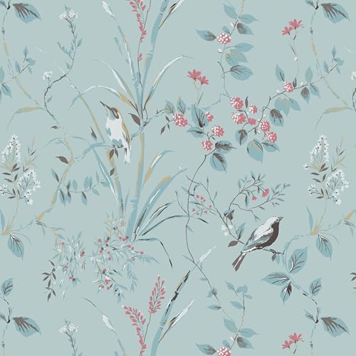 Heroad Blue Floral Wallpaper Vintage Bird Peel and Stick Wallpaper Botanical Nature Contact Paper Removable Self Adhesive Renter Friendly for Bedroom Living Room Laundry Room Vinyl 17.3'' x 78.7''