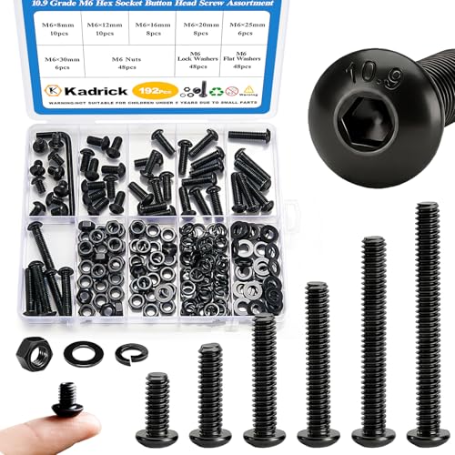 KADRICK 192PCS M6 Screw Assortment,Hex Socket Button Head M6 Bolts Nuts Kit