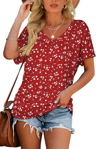 Image of WIHOLL Womens Summer T-Shirts Short Sleeve V Neck Dolman Tops with Side Shirring Loose Fit Shirts Spring Fashion