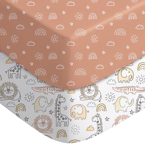Image of Yoofoss Baby Crib Sheets for Boys Girls, Fitted Crib Sheet 2 Pack for Standard Crib and Toddler Mattress, Super Soft Microfiber Baby Sheet 28x52x8in Animal World