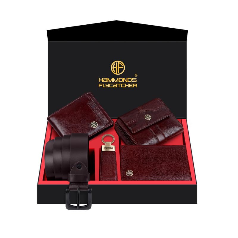 HAMMONDS FLYCATCHER Genuine Leather Premium 5 in 1 Mega Gift Combo Gifts Set for Men & Colleagues - Men's Wallet, Ladies Wallet, Passport Holder, Men's Belt & Keyring - Brox Brown