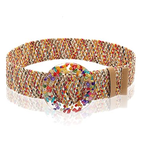 NiceYnn Women Straw Woven Adjustable Stretch Elastic Belt with Wood Buckle, 4.8cm Wide Boho Braided Skinny Waist Belts Vintage Waistband Cover