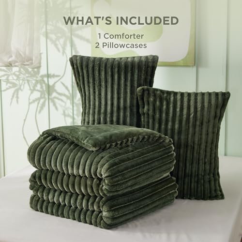Image of Bedsure Full Fluffy Comforter Set - GentleSoft 3 Pieces Luxury Fleece Olive Green Bedding, Cozy Room Decor Aesthetic, 1 Full Bed Comforter (82 inchx86 inch) and 2 Pillowcases (20 inchx26 inch)