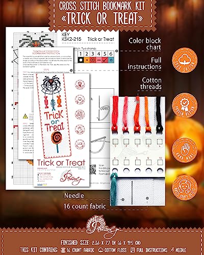 Image of Povitrulya Halloween Cross Stitch Kit Trick or Treat - DIY Bookmark Set for Hand Embroidery