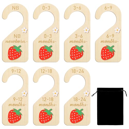 Image of R HORSE 3D Wooden Baby Closet Dividers - 8Pcs Strawberry Baby Closet Organizer, Double-sided Newborn Clothes Size Hanger Dividers Nursery Decor Birthday Gift for Boys Girls, 0-24 Months