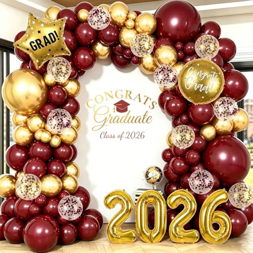 2026 Graduation Balloon Arch Garland Kit Burgundy and Gold Balloon Arch Class of 2026 Party Decorations with 32 2026 Foil Balloons for College High School Congrats Grad Party Supplies