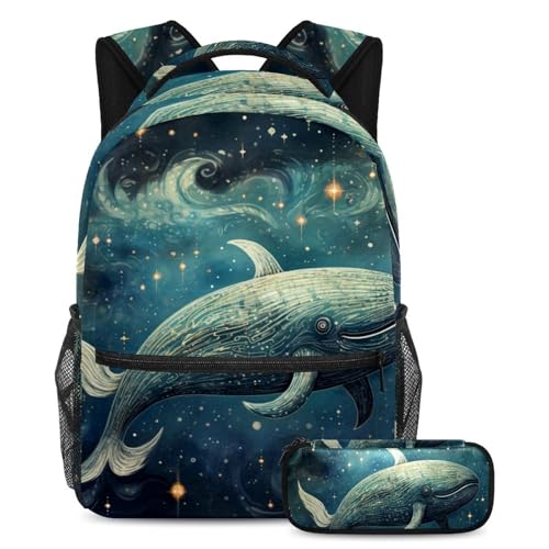 Cartables de grande capacité motif baleine étoilée avec trousse pour ados