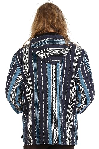 Sunshine Joy Reversible Fleece Lined Woven Baja Style Zip Up Hoodie Hooded Jacket - Navy Stripe3