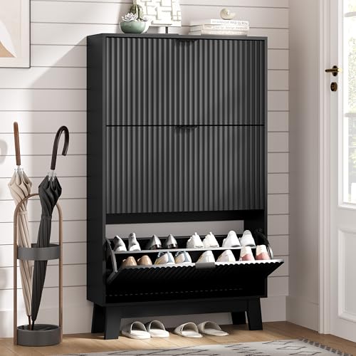 Image of Shoe Cabinet Storage for Entryway with 3 Flip Drawers, Fluted Narrow Shoe Organizer with Wooden Legs, Freestanding Slim Shoe Storage Hidden Shoe Rack Organizer for Front Door Entrance, Hallway, Black
