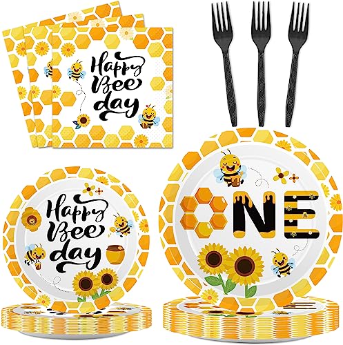 Image of Qyeahkj 100 Pcs Bee 1st Birthday Party Supplies Paper Plates and Napkins Set Disposable Bee First Birthday Tableware Decorations for Bees Theme Baby Shower Serves 25