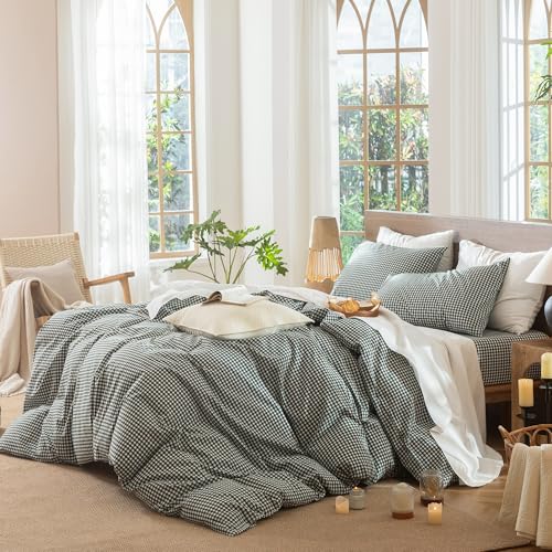 Image of MooMee Gingham Duvet Cover Set 100% Washed Cotton Linen Like Textured Breathable Durable Soft Comfy Modern Checkered Design (Mini Gingham Forest Green, Cal King 104 inchx98 inch)
