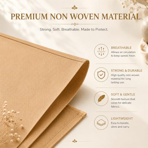 Image of Multiutility Non-Woven Saree Cover Bag Set of 12 with Transparent Window & Zipper | Wardrobe Organizer for Sarees, Lehengas, Dresses & Ethnic Wear | Beige