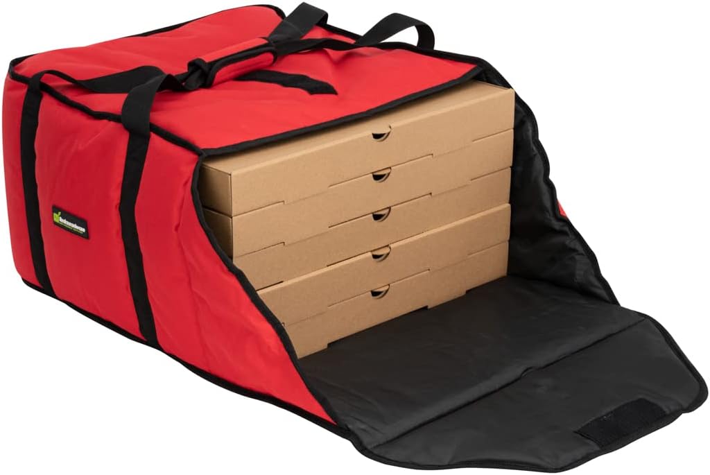 Delivery Tek 16.5 x 18 x 6.5 Inch Insulated Pizza Bag, 1 Durable Delivery Bag - Holds (2) 16" or (3) 14" Pizza Boxes, Red Polyester Cater Bag, Extra-Large Flap, Machine Washable 2-16" or 3-14"