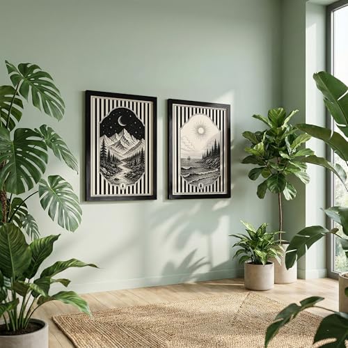 Image of NoWorries Framed Black and White Wall Art Set of 2, Vintage Mountain Moon and Coastal Ocean Landscape Prints, Boho Nature Decor, Scandinavian Minimalist Artwork for Bedroom, Hallway and Office (Art-18, 10x13inch)