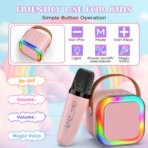 Image of Karaoke Machine with 2 Mic, Wireless Microphones for Kids Adults Toddler with LED Party Lights, Mini Kids Microphone Christmas Birthday Gift for Girls Toys 4, 5, 6, 7, 8, 10 12+ Years Old 【Pink】