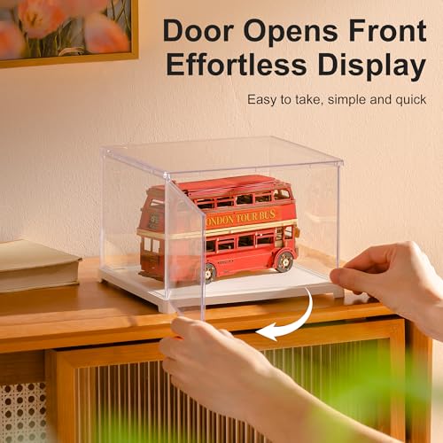 Image of Rolife Acrylic Display Case Dust Cover for Collectibles, Dustproof Protection Showcase with White Base with Door for Mini Dollhouse, 3D Puzzles (8.8''x7.6''x6'')