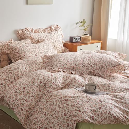VM VOUGEMARKET Cotton Duvet Cover Twin Pink Flower Duvet Cover with Ruffle Pillowcases Teen Girls Aesthetic Bedding Set Garden Style Blooming Comforter Cover with Zipper Ties (3 pcs,68x86 Inch)