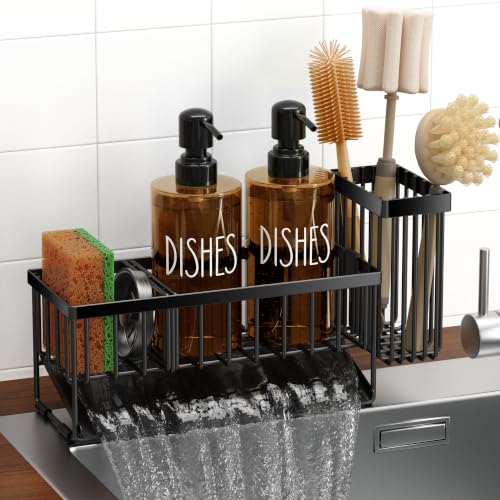 Image of MASADI Kitchen Dish Soap Dispenser Set with Sponge Holder, 12OZ Glass Bottle, Hand and Dish Soap Dispenser Set, Non-Slip Silicone Pad, Brush Holder, Kitchen Sink Organizer Countertop (Black+Amber)
