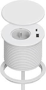 Bloc Prise Encastrable, Dinolink Multiprise Encastrable avec 1 Prise, 1 Port USB C, 1 Port USB A, 80 mm de Diamètre, 1,5M de Câble, Prise Bureau pour la Cuisine, Le Bureau, Les Meubles, Blanc