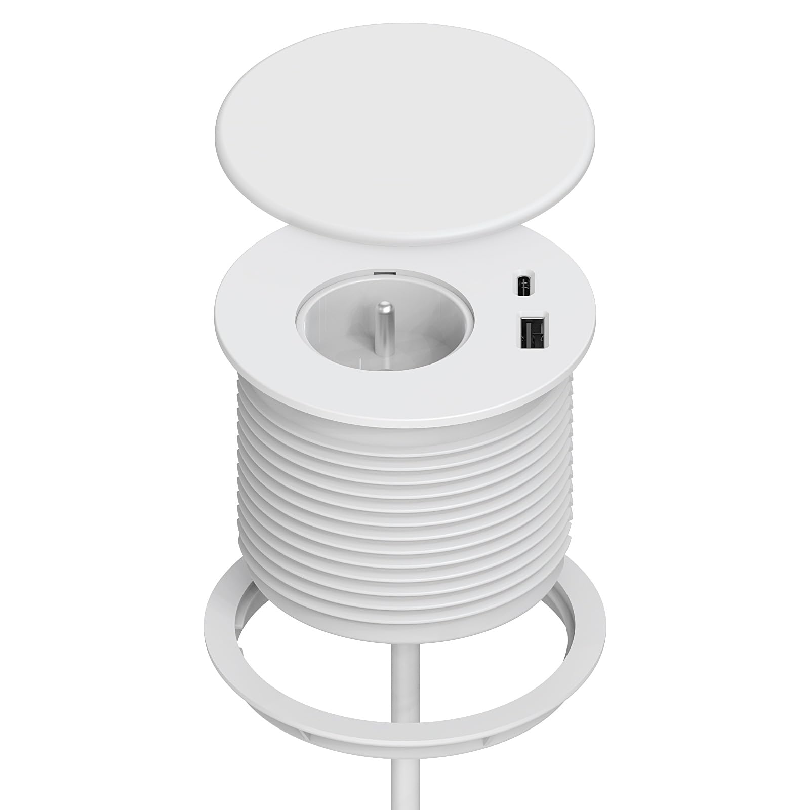 Presa da incasso, multipresa da incasso, con 1 presa, 1 porta USB C, 1 porta USB A, 80 mm di diametro, 1,5 m di cavo, presa da scrivania per cucina, ufficio, mobili, bianco