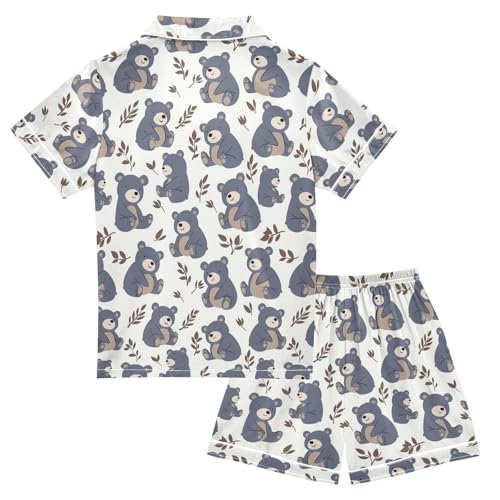 ALAZA Cute Bear Leaf Cartoon Pajamas Satin Pajama Set Short Sleeve Button Down Sleepwear2