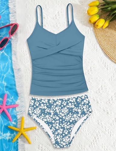 Image of Girls Swimsuit 2 Piece Bathing Suit Criss Cross Ruched Girl Tankini Sets Printed Girls' Swimwear for 9-18 Years