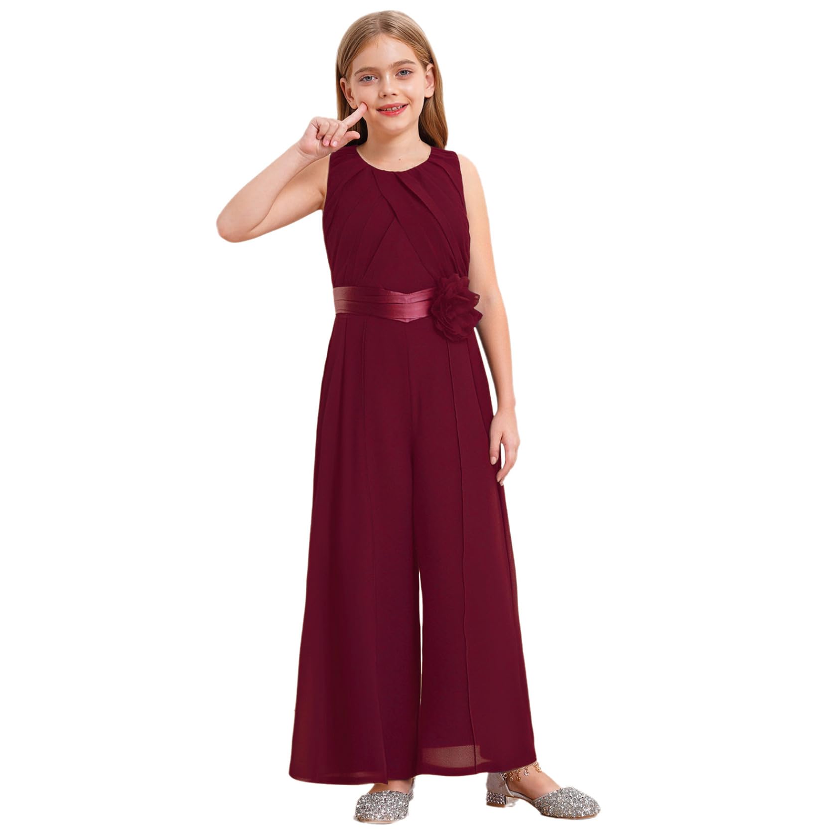 Jugaoge Tuta elegante da bambina in chiffon con balze floreali, senza maniche, plissettata, top e pantaloni lunghi, abbigliamento per bambini