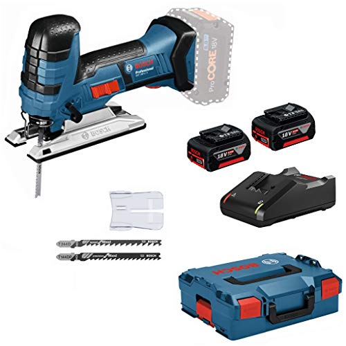 Bosch Professional GST 18V-LI S (avec 2 batteries 4,0 Ah + chargeur, 3 lames pour bois, capot de recouvrement, calage L-BOXX, L-BOXX 136)