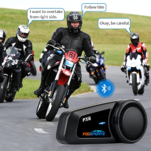 FODSPORTS FX6 Interfono bluetooth da casco per moto, Bluetooth 5.0 auricolare per casco supporta 6 persone che parlano allo stesso tempo entro 1000 metri, Assistente vocale, FM, CVC, CSR (Doppio)