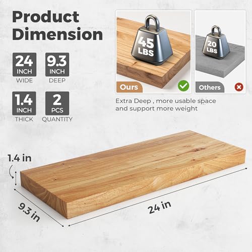 Image of RICHFOCUS Elm Floating Shelves for Wall - 24 inch W x 9.3 inch D Rustic Solid Wood Shelves with Invisible Bracket, Wall-Mounted for Living Room, Bedroom, Kitchen Storage & Display, Set of 2, Natural