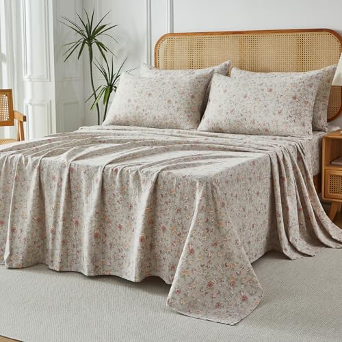 Image of FADFAY King Size Cooling Sheets Set for Hot Sleepers (Light Grey Rose) | 100% Cotton Double Gauze Breathable Soft Sheets Deep Pocket Up to 17.5 Inches Hotel Luxury Muslin Bedding
