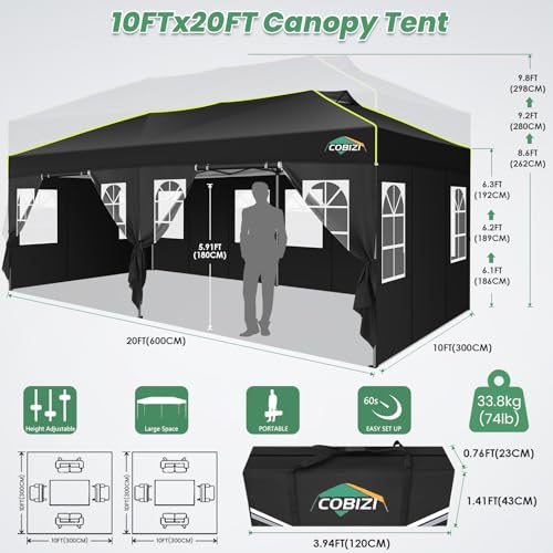 Image of COBIZI 10x20 Pop Up Canopy Tent with 6 Removable Sidewalls, Outdoor, Black