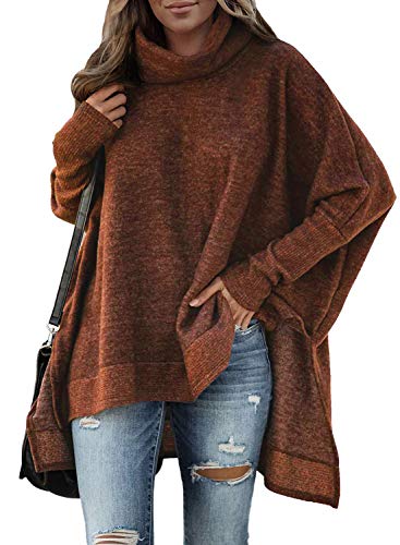 AlvaQ Women Winter Long Sleeve Cowl Neck Sweater Casual Loose Knitted Pullover Jumper Tops Plus Size Brown Large