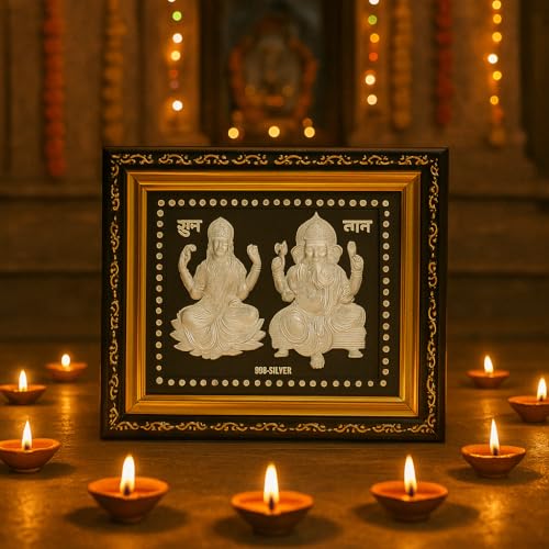 Image of Ganesh Lakshmi 999 Pure Silver God Frame | Diwali Poojan Gift for Home Temple | Lakshmi Ganesh Murti | Auspicious Festival Decor | Lakshmi Devi Idol for Wallet, Mandir, Desk