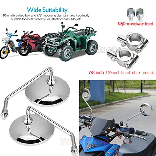 Yibid Universal Chrome 4" Round Motorcycle Bicycle Rearview Mirrors,with 7/8" Handlebar Mount for Honda Kawasaki Shadow Custom Suzuki Cruiser Hyosung Kymco Victory Vulcan Street Sports Dirt Bikes