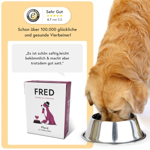 FRED Nassfutter Hund Pferd mit Süßkartoffeln – Monoprotein – 48 % Pferdefleisch in Lebensmittelqualität – Getreidefrei – hypoallergen – für Sensible Hunde – 190g Tetra Pak