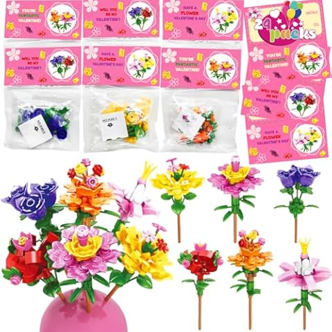 WODMAZ Valentines Day Cards with Bouquet Building Blocks, 24 Packs Romantic Flower Toys Valentines Day Gifts for Kids School Classroom Exchange, Valentine Party Favor, Valentine's Greeting Cards Cover