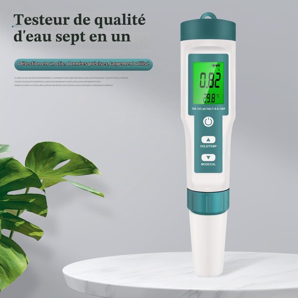 pH Chlore Mètre Piscine 8 EN 1, Tester pH Chlore (FAC) TDS EC Salinité ORP et Température avec ATC, Testeur Qualité Eau étanche IP67, précision élevée pour eau potable, spa, hydroponie
