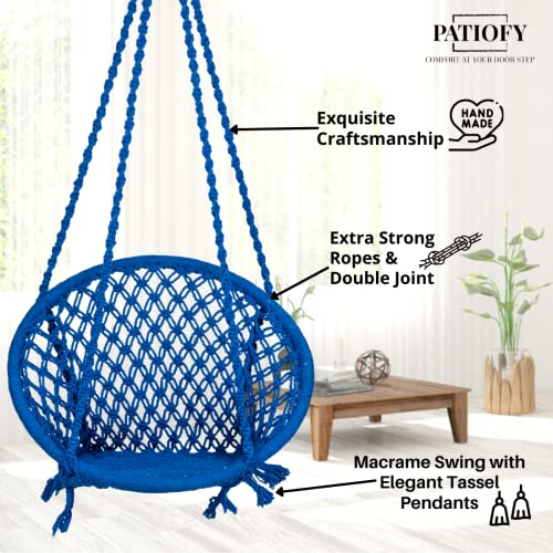 Image of Patiofy Cotton Netted Round Large Swing for Adults /Swing for Balcony /Swing Chair for Adults for Home /Hammock Swing for Adults /Swing Chair Wooden /Without Hanging Kit (120Kgs Weight Capacity- Blue)