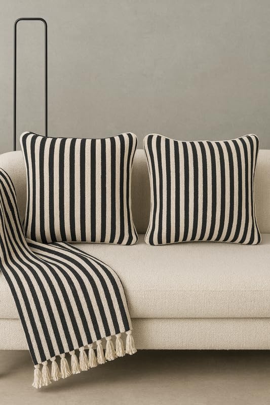 Image of 100% Cotton - Black and White Stripes Cushion Covers Set of 1 (16 x 16 inches) - Cushion Covers for Sofa & Living Room Decor