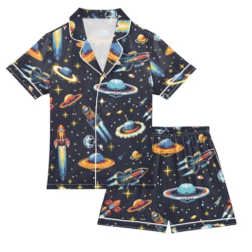 ALAZA Starry Space Planet Solar System Pajamas Satin Pajama Set Short Sleeve Button Down Sleepwear