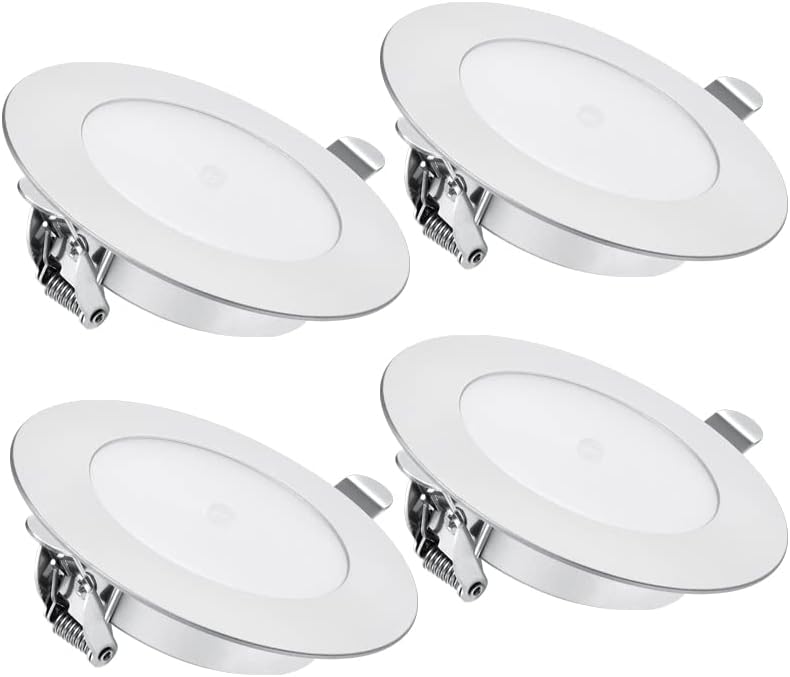 acegoo 4 x Foco LED Empotrable Techo 12V Downlight Regulable Panel Redondo Iluminacion con Interruptor Atenuación, para Autocaravana Caravana Barco Camión Furgoneta(plata satinada 3000K)