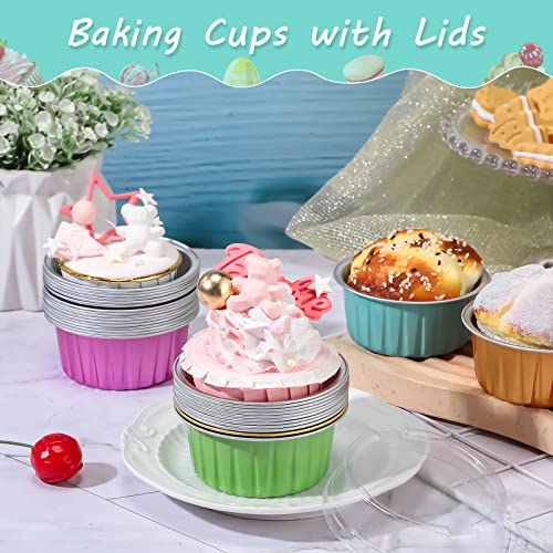 200 Pcs Aluminum Foil Cupcake Baking Cups 4.2 Oz Disposable Ramekins Cupcake Liners Dessert Cups With Lids Mini Cake Pans Holders Mini Cheesecake Container For Valentine's Day Party (Vivid Colors) #TOP5