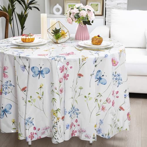 Image of Ganeen 6 Pcs Wildflower Plastic Tablecloth 84 Inch Spring Round Tablecloths Floral Theme Birthday Decor Disposable Plastic Round Waterproof Table Covers for Holiday Weeding Tea Decoration Party Favor