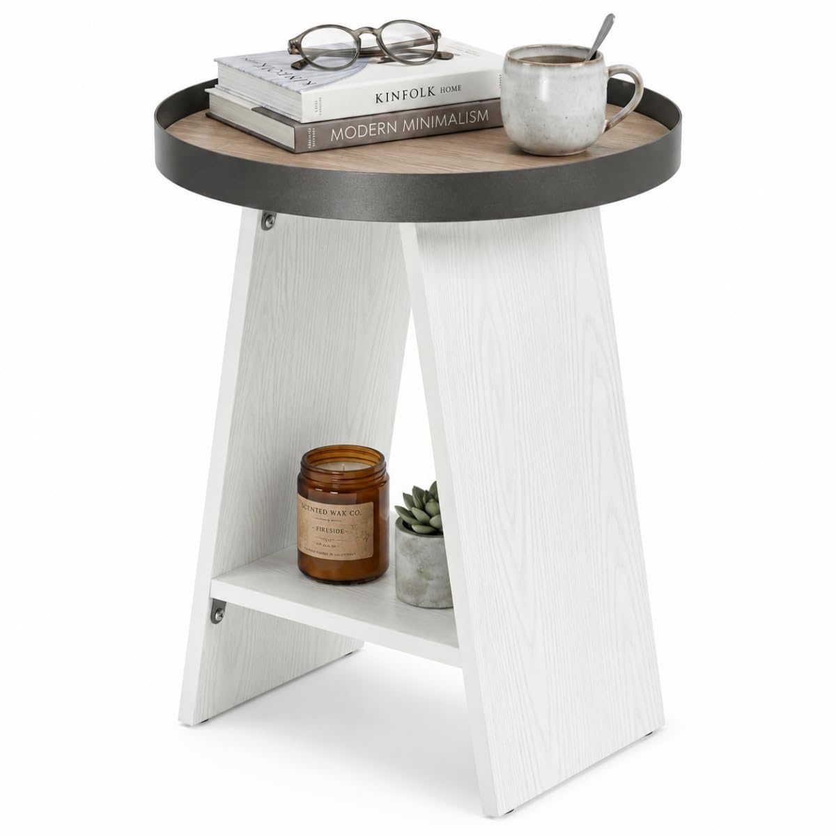 ZEXVIDA Round End Table with Tray Top, 2-Tier Rustic Side Table with Storage Shelf, Modern Farmhouse Industrial Wood Nightstand for Living Room, Bedroom, Small Spaces (White)