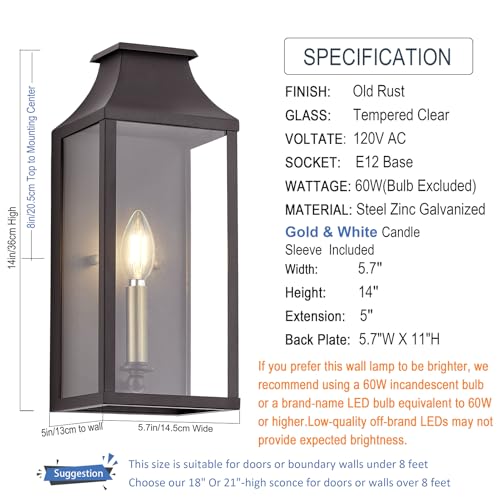 Image of 14 inch Small Classic Outdoor Wall Lantern Light for House Exterior,Handcrafted Old Rust Metal Cage Mounted Pocket Wall Sconce W /Clear Tempered Glass,Waterproof for Porch, Patio, Garage&Front Door E12