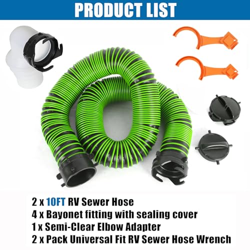 Image of 20FT RV Sewer Hose, EXTREME Heavy Duty 24 Mil TPE Material for Abrasion Resistance and Crush Protection, Camper Sewer Hose Kit with Pre-Attached Bayonet Fittings, 4-in-1 Adapter Elbow, Green