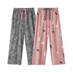 [ニッセン] ルームウェアボトムス レディース 接触冷感 ゆったりシルエット ７分丈リラックスルームパンツ２枚組 チャコール系花柄+ピンク系ねこ L" 