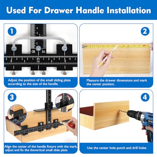 Image of Aluminum Cabinet Hardware Jig, Punch Locator Drill Guide,Wood Drilling Dowelling Guide for Installation of Handles Knobs on Doors and Drawer, Cabinet Template Tool for Handles and Pulls